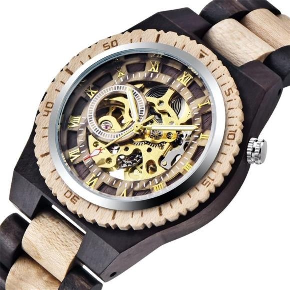 Men's Wooden Watch Skeleton Automatic Movement Wood Watch Self-Winding Watches - Picture 6 of 7